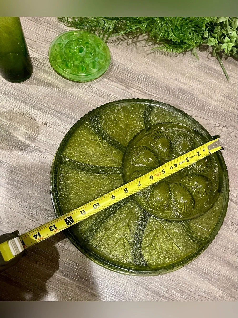 Etienne Aigner Olive Green Glass Divided Serving Platter, Vases and Flower divid